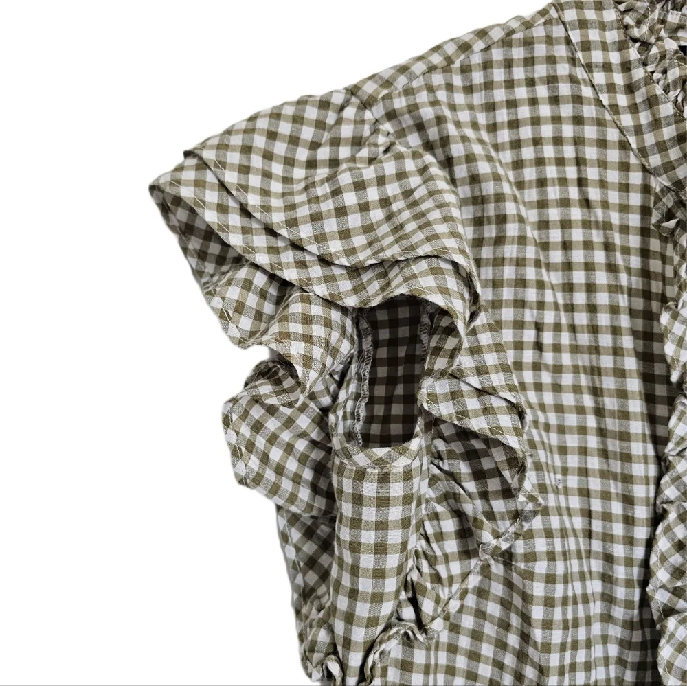 Veronica Beard Gingham Green and White Ruffle Button Shirt XS